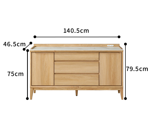 Oliviaセラミック調サイドボード　 オーク柄　幅1400mm　サイズ図面