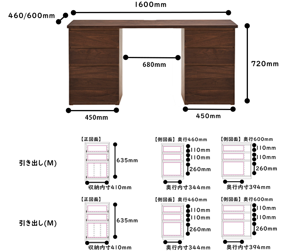 システムデスク_HM-HM_1600サイズ詳細　ウォールナット
