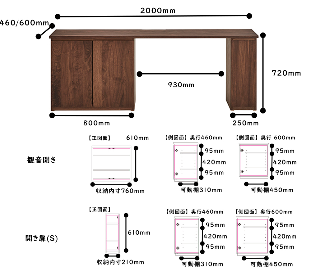 システムデスク_TL-TSR_2000サイズ詳細　ウォールナット