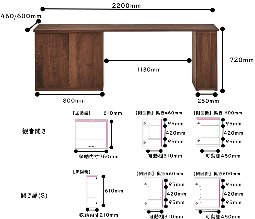 システムデスク_TL-TSR_2200サイズ詳細　ウォールナット