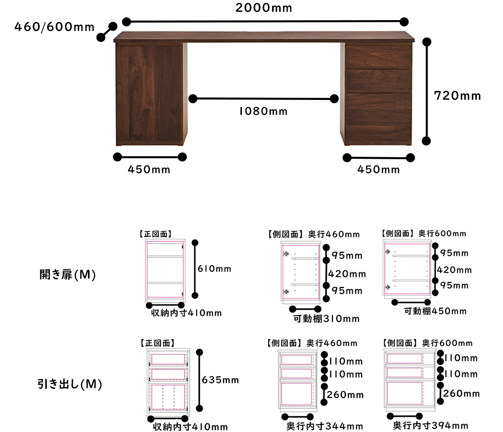 システムデスク_TML-HM_2000サイズ詳細　ウォールナット