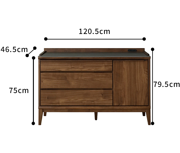 Oliviaセラミック調　ウォールナット柄　幅1200mmサイドボード　サイズ図面