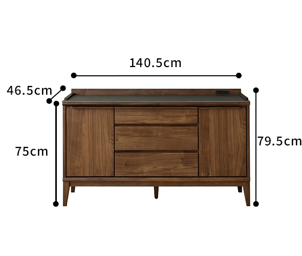 Oliviaセラミック調　ウォールナット柄　幅1400mmサイドボード　サイズ図面