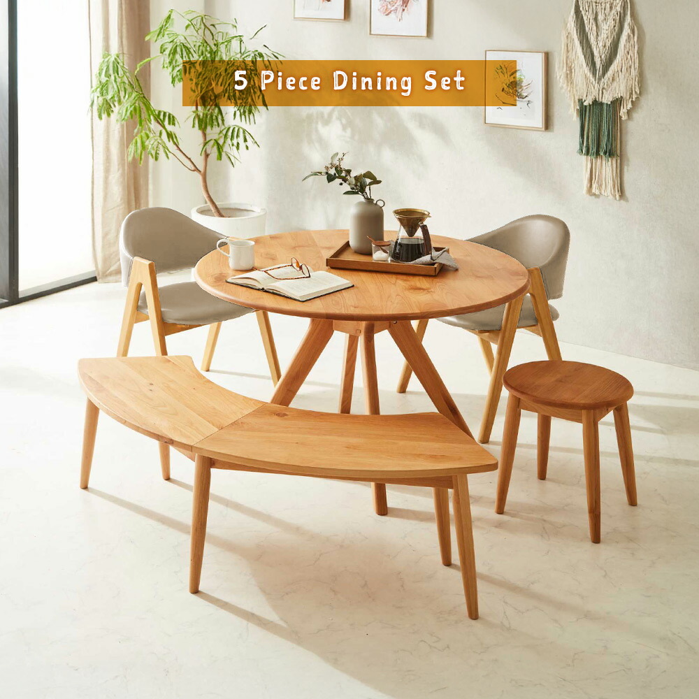 Grace ダイニングセット　110丸テーブル　5点セット　（140半円ベンチ + スツール + チェア x2脚）