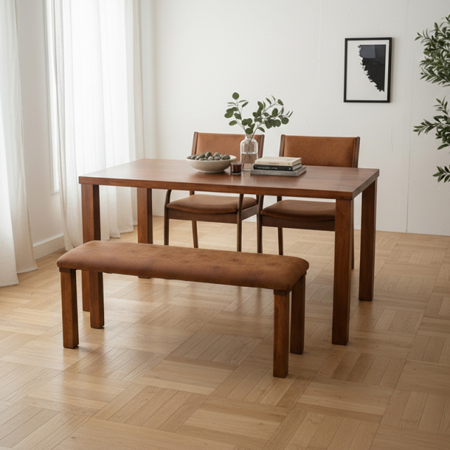 アニータ　ラバーウッド無垢材のダイニング４点セット キャメル　幅1400の写真
