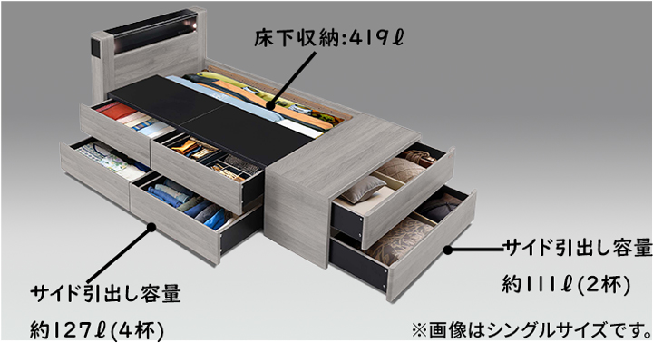 Tasia引出し付きベッド フットBoxタイプ　セミダブルサイズ